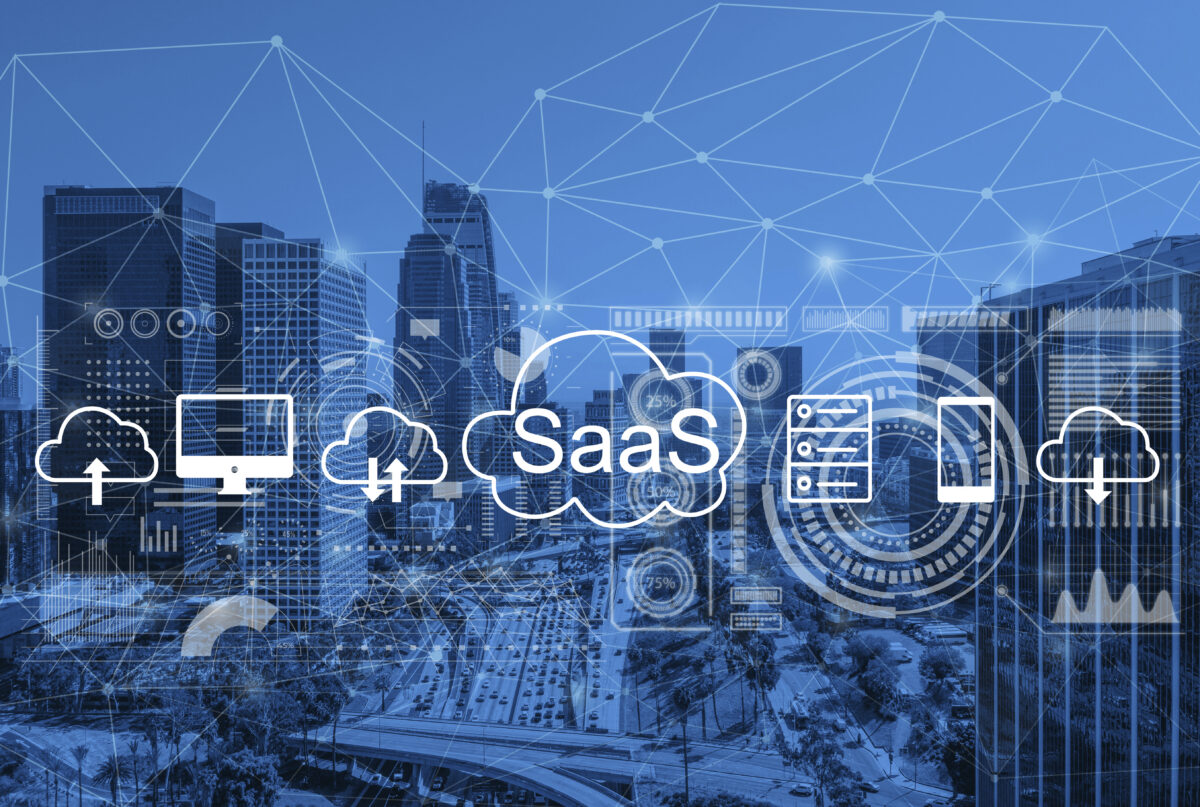 Illustration representing SaaS web design agencies with cloud software icons, data dashboards, and network connections over a city background