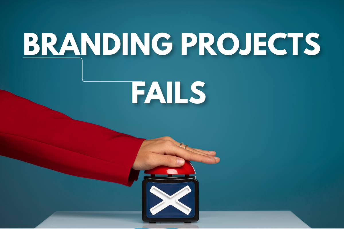 Hand pressing a button under a “branding projects fail” concept showing project failure in branding